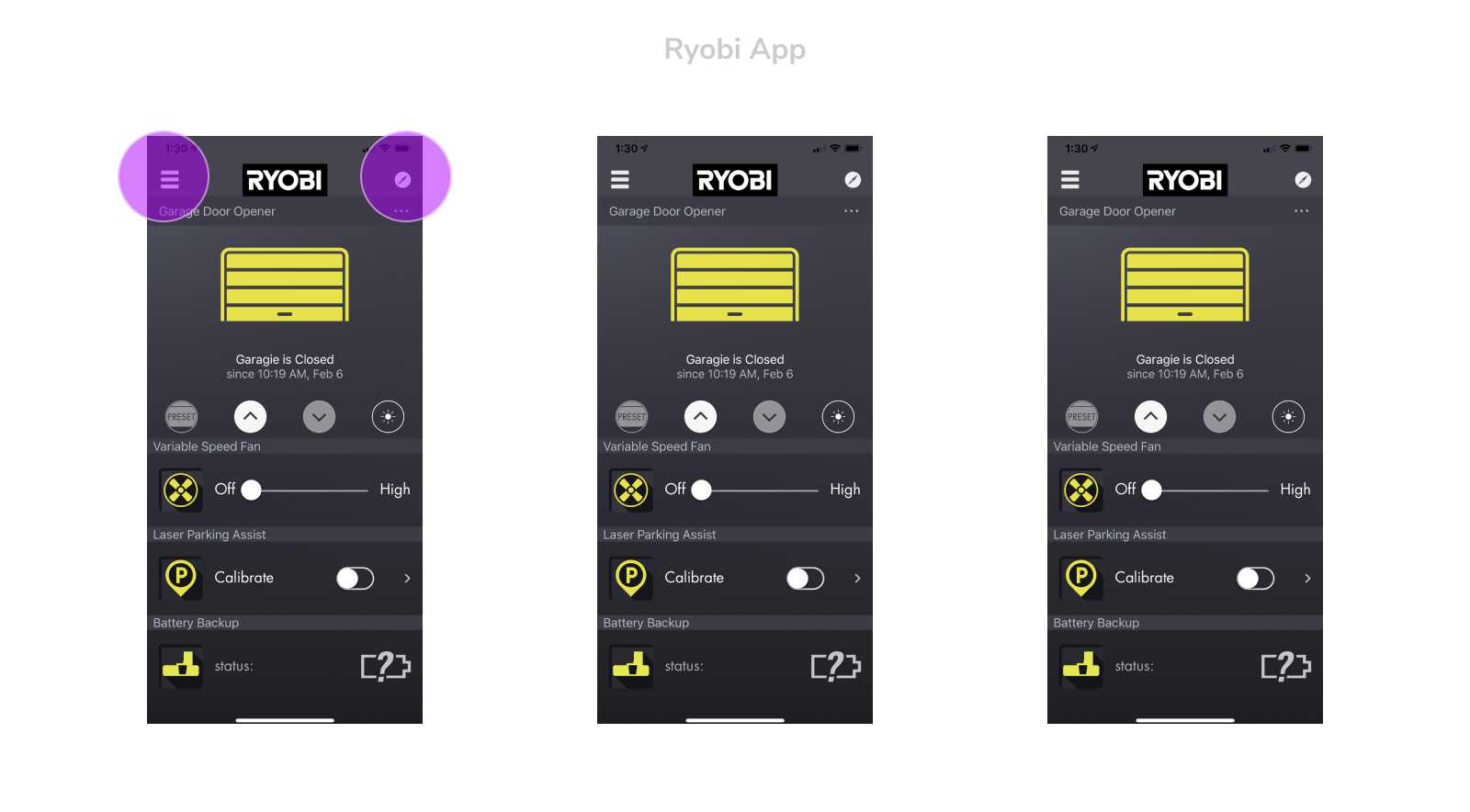 Ryobi Garage Door App UI Mock Ups