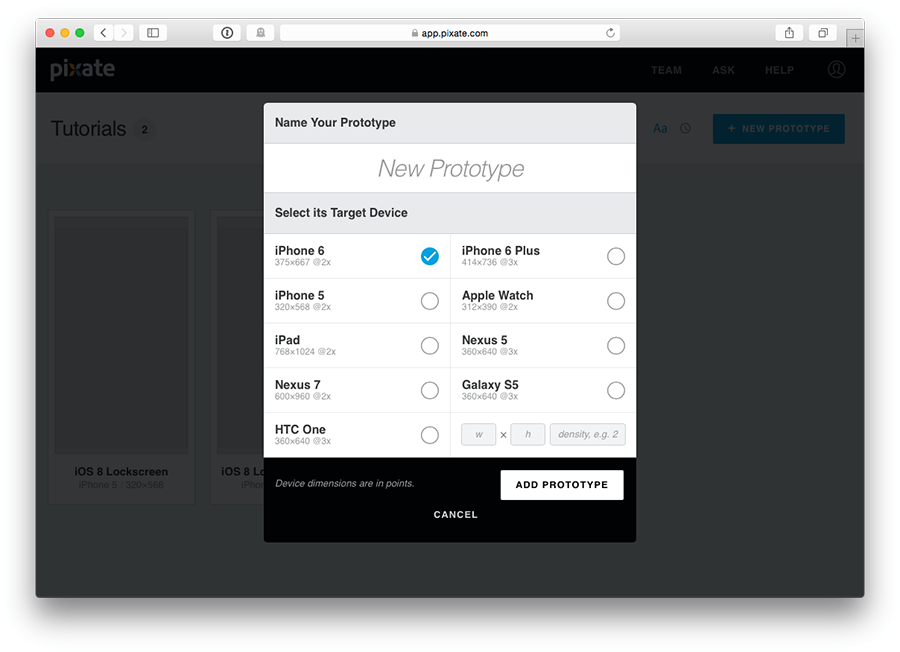 Pixate Prototype Creation Screenshot